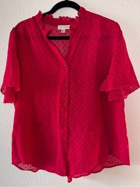 See U Soon Red Dot Sheer Blouse Ruffle Button Up Women’s Large